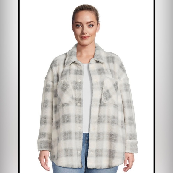 Plaid Fleece Jacket in Gray and‎ White Shacket Size 4XL - Picture 1 of 8